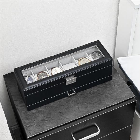 6 Slot Watch Case with Drawer, Watch Box Double-layer Jewelry and Watch, Black - Picture 2 of 6
